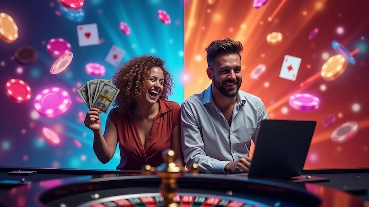 Gambar suasana meja kasino live dengan para pemain dan dealer profesional